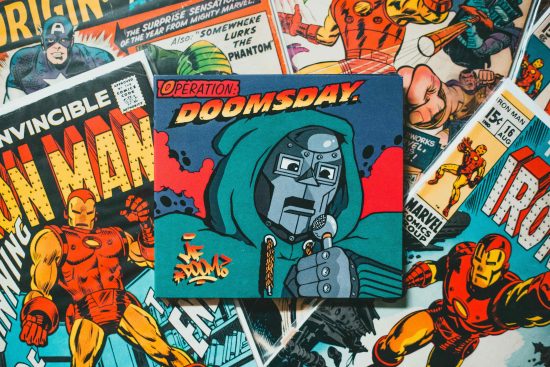 Collage of Málaga with comic book illustrations and pop-art style graphic elements. 