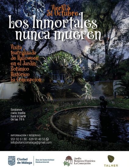 Cartel del evento “Los Inmortales nunca mueren”, visita teatralizada de Halloween en el Jardín Botánico Histórico La Concepción de Málaga.