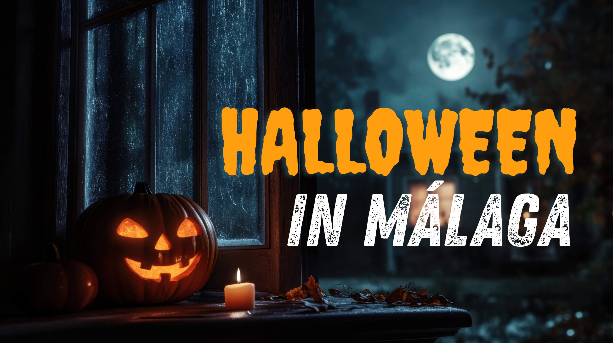 Calabaza de Halloween iluminada junto a una ventana con vela y luna llena al fondo.