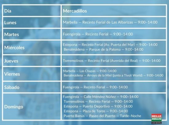 Calendario semanal de mercadillos en la Costa del Sol con días y horarios